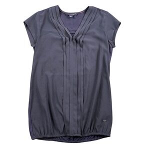 Tommy Hilfiger Womens Navy Blue Pleated V-Neck Bubble Hem Blouse XS Short Sleeve